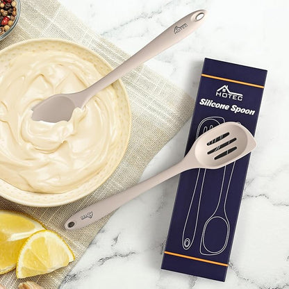 HOTEC Heat Resistant Silicone Cooking Spoon Spatula, Large Kitchen Solid and Slotted Spoons for Mixing, Serving, Scraping, Non-stick, Dishwasher Safe Khaki 12.5inch - Image 6
