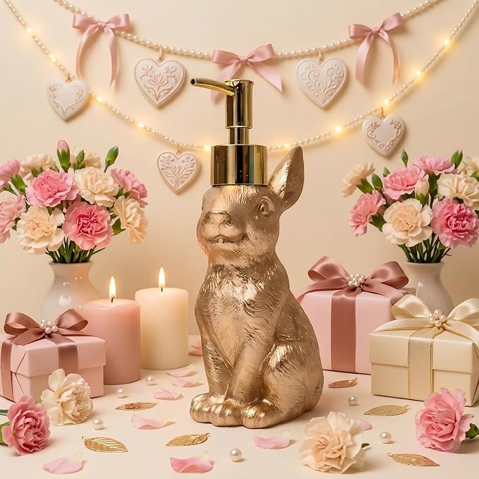 Gold Bunny Soap Dispenser – Vintage Rabbit Hand & Dish Soap Dispenser for Kitchen Sink & Bathroom Vanity – Rust Proof Pump Lotion Bottle – Resin Animal Statues Home Decor & Easter Decorations, 8oz