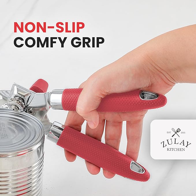 Zulay Kitchen Heavy Duty Stainless Steel Can Opener Manual with Large Bottle Opener - Manual Can Opener with Turn Knob with Soft Grip Handles - Red - Image 5