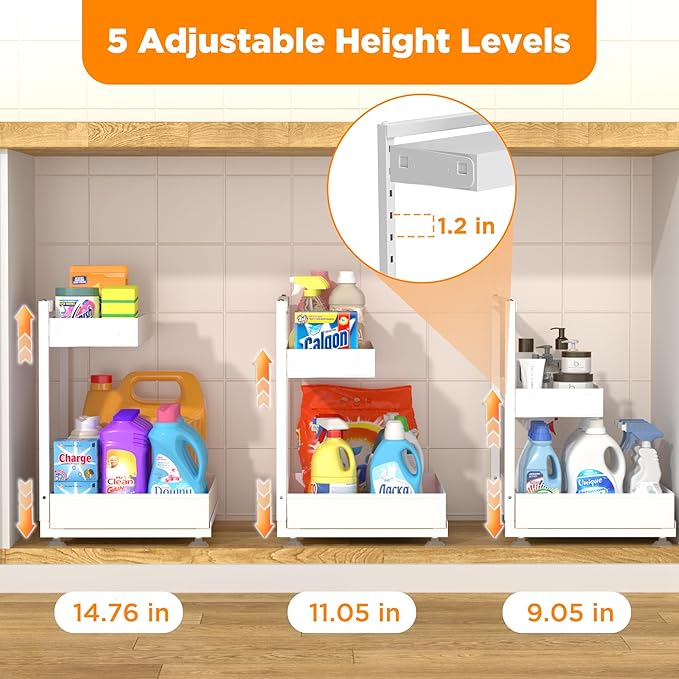 TATAANTY Under Sink Organizer 2 Pack, 2 Tier Metal Under the Sink Storage, Heavy Duty Slide out Pull out Cabinet Organizer, Height Adjustable for for Kitchen Bathroom Pantry Closet Organization Rack