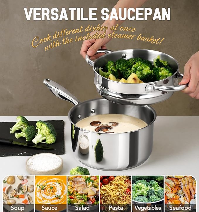 MICHELANGELO Stainless Steel Saucepan with Lid & Steamer, 3 Quart Sauce Pan with Lid, Steamer Pot with Pour Spout, 3 Qt Stainless Steel Pot, Induction Compatible, Oven Safe - Image 2