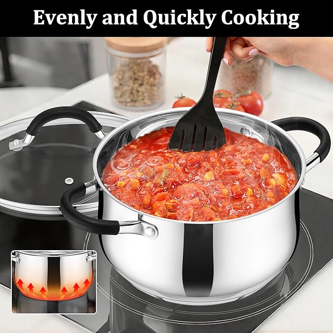 E-far 4 Quart Stockpot, Stainless Steel Pot with Visible Lid for Cooking Soup Pasta, Tri-Ply Thick Base for Induction Gas, Small Cooking Pot with Dual Heat Proof Handles, Non-Toxic & Dishwasher Safe - Image 8