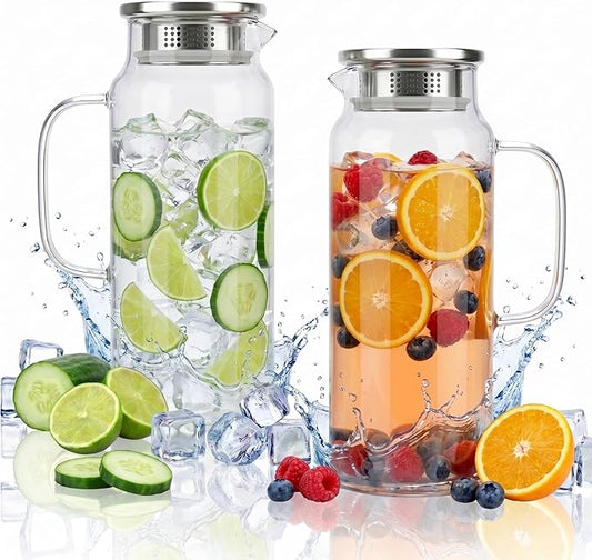 2 Pack Glass Pitcher with Lid and Handle, 68oz 2 Liter Borosilicate Glass Water Pitcher for Fridge, Heat Resistant Iced Tea Pitcher, Glass Carafe for Hot Cold Beverages Juice Lemonade