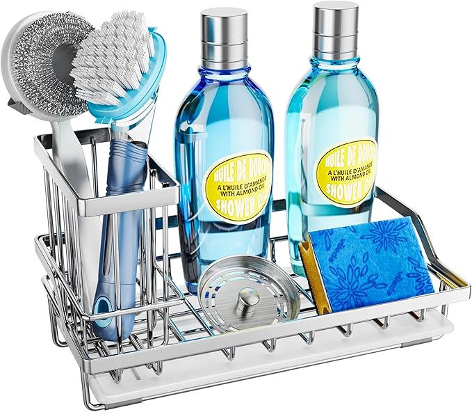 SWTYMIKI Multifunctional Kitchen Sink Caddy - Large Sponge Holder for Kitchen Sink with Removable Brush Holder + Drip Tray, Silver by SwtyMiki-TidyHomeSweetLife