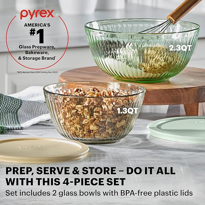 Pyrex Colors (2-Pack) Sculpted Tinted Small/Medium Glass Mixing Bowls With Plastic Lids, Nesting Space Saving Set of Bowls For Prepping and Baking, 1.3QT & 2.3QT - Image 2