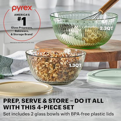 Pyrex Colors (2-Pack) Sculpted Tinted Small/Medium Glass Mixing Bowls With Plastic Lids, Nesting Space Saving Set of Bowls For Prepping and Baking, 1.3QT & 2.3QT - Image 2