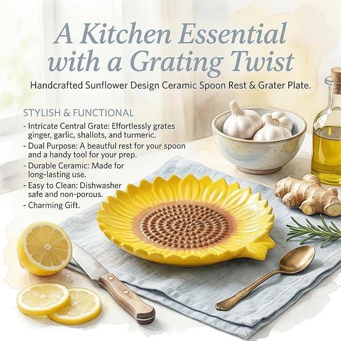 Sunflower-Shaped 2pcs Ceramic Grater Plate & Spoon Rest for Stove Top, 2-in-1 Ginger Garlic Grater with Spoon Holder, Multifunctional Kitchen Utensil Rest & Grater Dish, Farmhouse Kitchen Decor