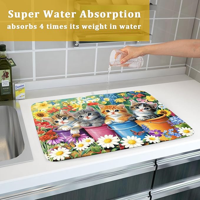 Lovely Cat Drying Mat for Kitchen Counter Colorful Flower Absorbent Coffee Bar Mat 18 X 24 - Image 7