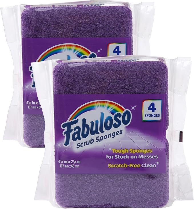Fabuloso Scratch-Free Kitchen Dish Sponges, Purple Cellulose Scrubber Sponge with Scouring Pad for Dishes, Pots, Pans, Counters and Sinks, Tough on Messes, 4.25 x 2.75 x 1.25 in, 4 Count - 2 Pack by Fabuloso