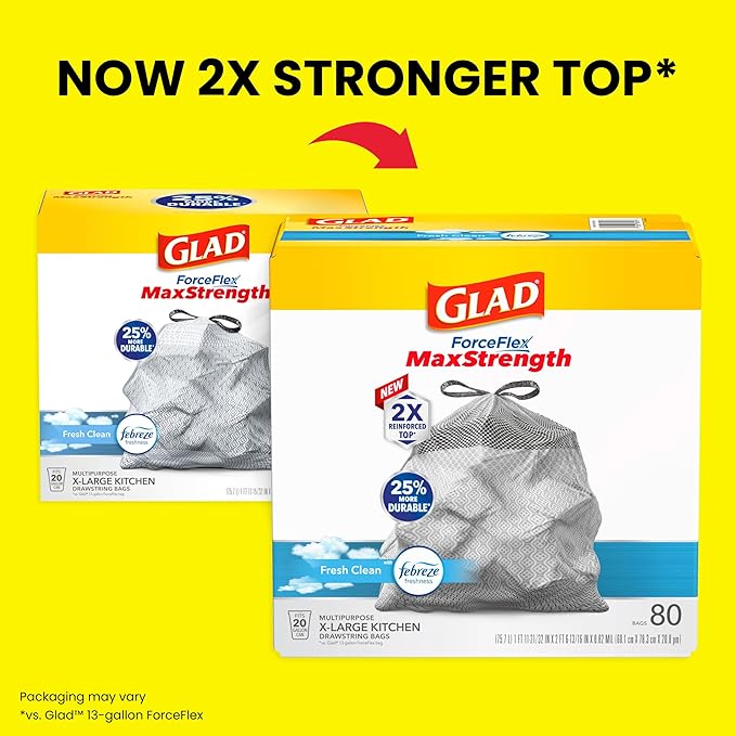 Glad ForceFlex MaxStrength Kitchen Trash Bags, 20 Gal, Fresh Clean Febreze, 80 Ct (Package May Vary) (Pack of 3)