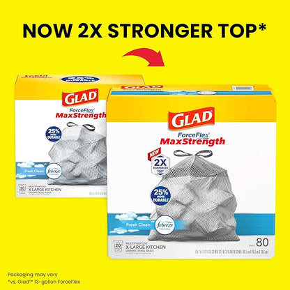 Glad ForceFlex MaxStrength Kitchen Trash Bags, 20 Gal, Fresh Clean Febreze, 80 Ct (Package May Vary) (Pack of 3)