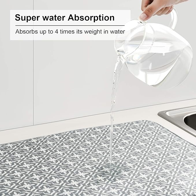 SUBEKYU Dish Drying Mats for Kitchen Counter, Microfiber Absorbent Dish Drainer/Rack Pads for Sink, 19.5*15.8 inch, Set of 2, Grey, leaf - Image 2