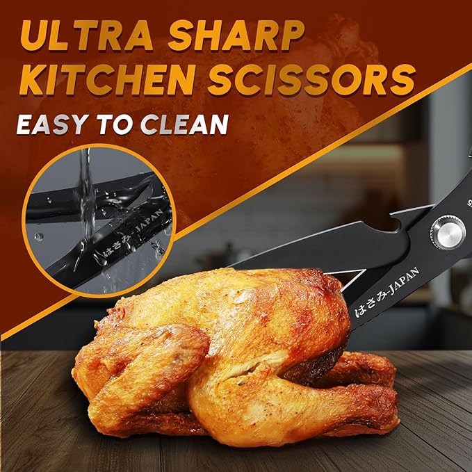 HUUSK Kitchen Scissors Set Black - Stainless Steel Kitchen Shears, Sharp Meat Scissors Dishwasher Safe, Heavy Duty Poultry Shears All Purpose, Japanese Cooking Scissor for Food,Christmas Gifts for Men - Image 2