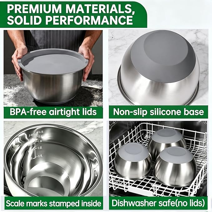 Deedro Premium Mixing Bowls with Airtight Lids Set, 22Pcs Thicker Stainless Steel Mixing Bowl Set, Large Prep Metal Bowls, Non-Slip Silicone Base Nesting Bowls for Kitchen, 1.5/2/3/4/5 QT, Gray - Image 7