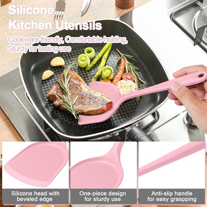 P&P CHEF Kitchen Utensil Set, 4 Pieces Non-stick Silicone Cooking Utensils, Heat-resistant Slotted Solid Spoon Turner for Frying, Mixing, Serving, Non-toxic & Easy to Clean, Pink - Image 3