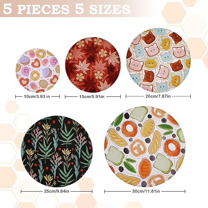 5-Size Reusable Beeswax Bowl Covers for Bread Proofing, Cotton Cloth Flexible Beeswax Wraps for Food Storage(Maple Leaves) - Image 2