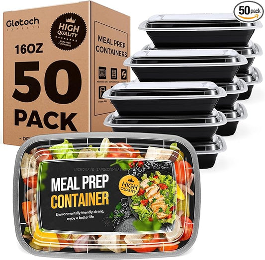 Glotoch 16oz Meal Prep Containers with Lids 50-Pack, Airtight Leakproof Food Storage Containers Reusable, BPA-Free Plastic Containers - Stackable Bento Lunch Boxes