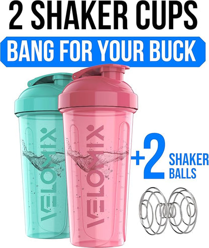 VELOMIX -2 Pack- 28 oz Protein Shaker Bottles for Protein Mixes - 2x Wire Whisk | Leak Proof Shaker Cups for Protein Shakes | Protein Shaker Bottle Pack (Pink/Turquise)