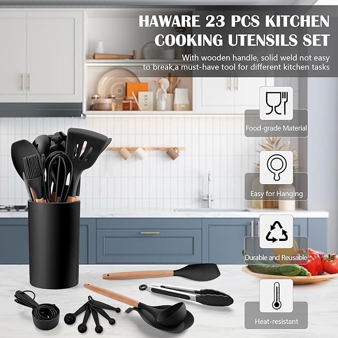 HaWare Kitchen Cooking Utensils Set, 23-Piece Silicone Kitchen Utensils Spatula Set with Holder, Heat Resistant Wooden Handle Kitchen Gadget for Nonstick Cookware, Food-grade Turner Spoon Sets (Black) - Image 3