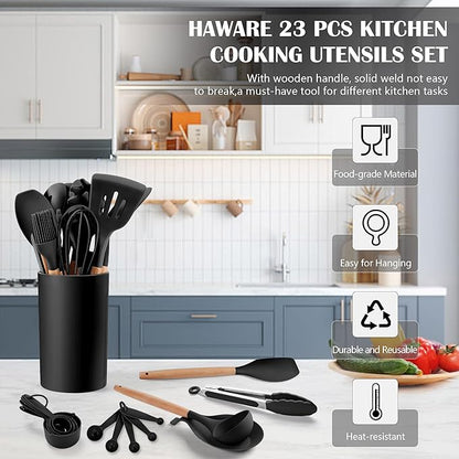 HaWare Kitchen Cooking Utensils Set, 23-Piece Silicone Kitchen Utensils Spatula Set with Holder, Heat Resistant Wooden Handle Kitchen Gadget for Nonstick Cookware, Food-grade Turner Spoon Sets (Black) - Image 3