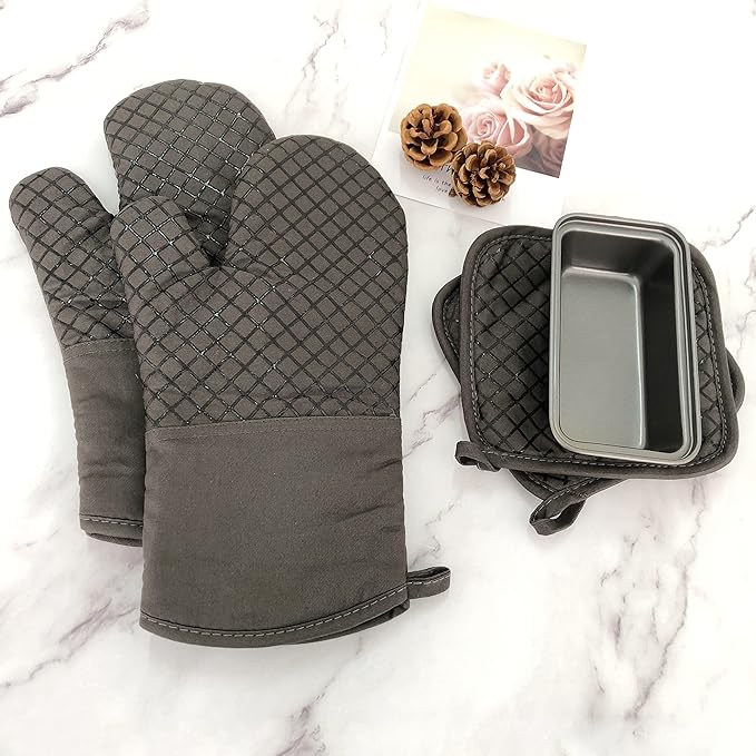 4 Pcs Oven Mitts and Pot Holders,500°F High Heat Resistant Kitchen Oven Mitts with Pot Holders,Long Oven Mitts with Recycled Cotton Infill and Silicone Non-Slip Surface for Baking and Cooking(Grey) - Image 7
