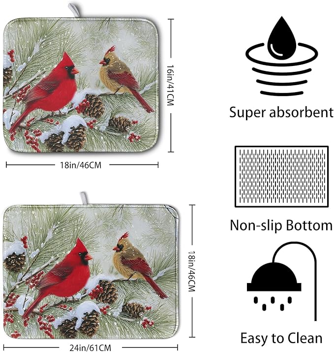 Winter Dish Drying Mat for Kitchen Counter 18x24 Inch Christmas Red Birds Drying Mats Xmas Holiday Microfiber Absorbent Dishes Drainer Mats Cardinal Dish Rack Pad - Image 2