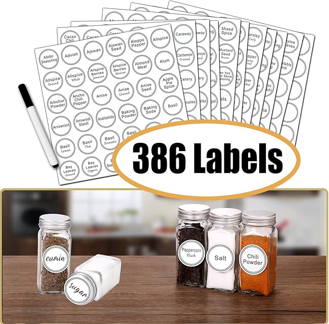 SWOMMOLY 48 Glass Spice Jars with 806 White Spice Labels, Chalk Marker and Funnel Complete Set. Empty Square Spice Bottles 4 oz, Spice Containers with Pour/sift Shaker Lid, Airtight Cap - Image 3