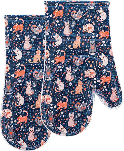 Oven Mitts Set of 2 with Transparent Clear Silicone Shell and Nice cat Printing Cotton Lining, Heat Resistant to 500 F Kitchen Oven Gloves Pot Holder for Cooking (Navy, Cat, Oven Mitts) by REDLMLDETA