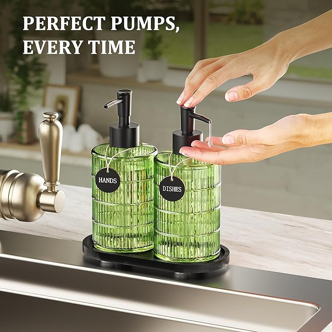 MASADI Soap Dispenser Set with Bamboo Tray, Dish and Hand Soap Lotion Dispenser Set with Wooden Pump for Kitchen and Bathroom Decor for Counter, Modern Vintage Liquid Soap Dispensers (Green&Black) - Image 4