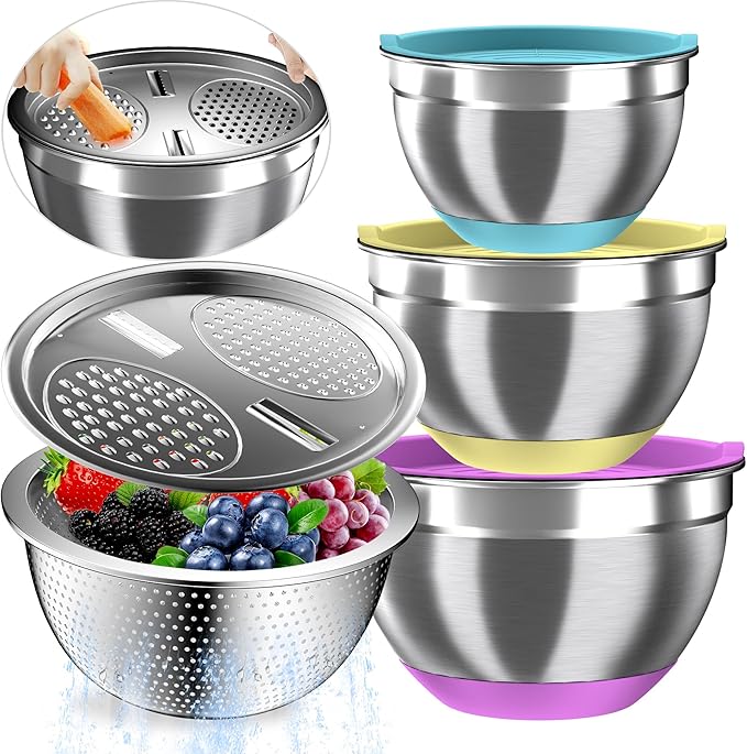 Nicdiet Mixing Bowls with Airtight Lids, Stainless Steel Mixing Bowl Set with 3 Metal Nesting Bowls, Colander & Grater, Non-Slip Bottoms, Size 1.5, 2.5, 5 QT, Great for Mixing & Serving, Mutilcolor by AUFETQ