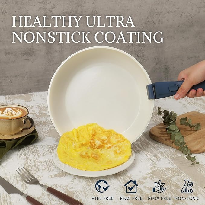 8Pcs Pots and Pans Set Nonstick Ceramic Cookware Set Removable Handle Induction Kitchen Cooking Set with Frying Pans and Sauce Pan, Blue - Image 3