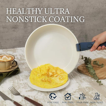 8Pcs Pots and Pans Set Nonstick Ceramic Cookware Set Removable Handle Induction Kitchen Cooking Set with Frying Pans and Sauce Pan, Blue - Image 3