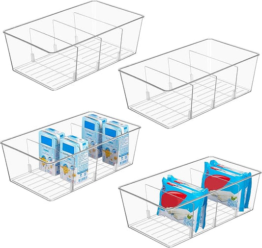 Vtopmart 4 Pack Food Storage Organizer Bins, Clear Plastic Bins for Pantry, Kitchen, Fridge, Cabinet Organization and Storage, 4 Compartment Holder Packets, Snacks, Pouches, Spice Packets by Vtopmart