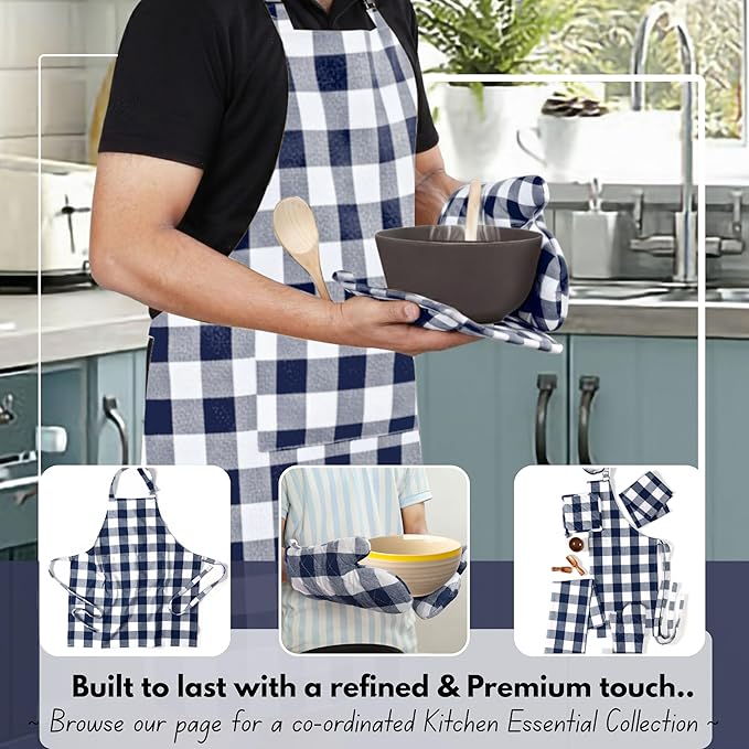 Native Fab Buffalo Plaid Check Oven Mitts and Pot Holders Set of 4, 100% Cotton Heat Resistant Kitchen Gloves, 2 Oven Mitts (7x13), 2 Pot Holders (8x8) for Cooking & Baking, Navy White - Image 5