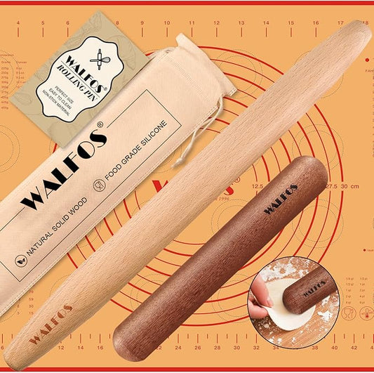 Walfos French Rolling Pin Set - Natural Wooden Rolling Pins (8inch, 15.7inch) With Non-stick Silicone Fiber Pastry Mat, Baking Dough Roller for Pizza, Pie, Pasta, Bread, Pastry by Walfos