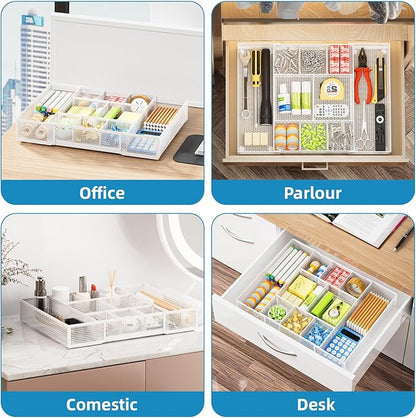 Marbrasse Expandable Desk Drawer Organizer, Mesh Drawer Organizer Tray with 10 Adjustable Compartments, Desk Organizers and Accessories for Office Supplies, Makeup & Vanity (Expandable White-2 pack) - Image 4