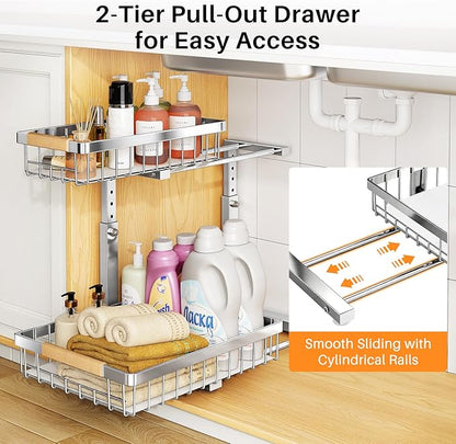 PXRACK Under Sink Organizer, Adjustable Height, 2 Tier Pull Out Cabinet Organizer, Slide Out Thickened Metal Storage for Kitchen Bathroom Laundry Pantry Cabinet, Stainless Steel, Silver, Large-2-Pack - Image 3