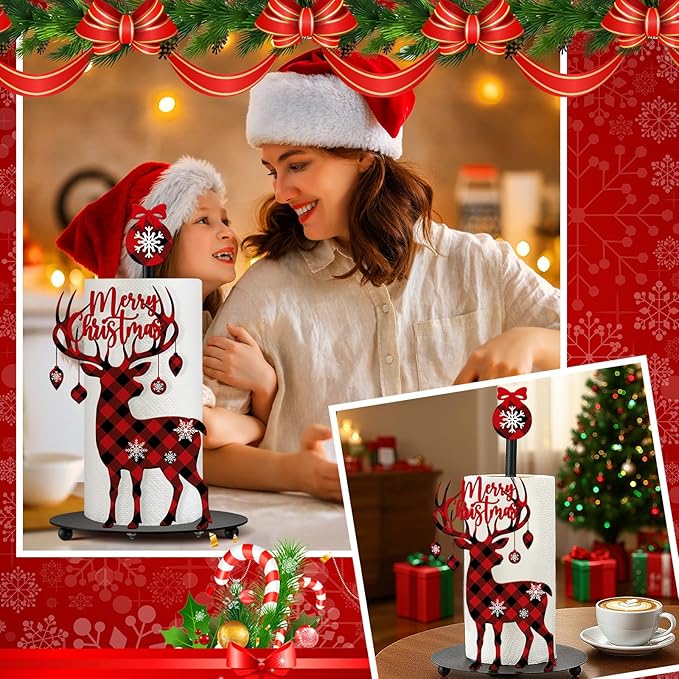 Thyle Christmas Paper Towel Holder with Round Base Reindeer Buffalo Plaid Christmas Bathroom Decor Rustic Elk Family Dispenser Kitchen Paper Holder Stand for Winter Xmas Countertop Home Accessories
