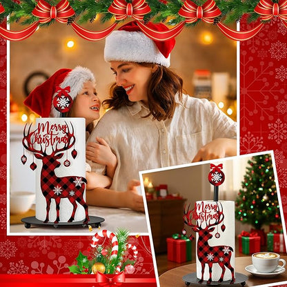 Thyle Christmas Paper Towel Holder with Round Base Reindeer Buffalo Plaid Christmas Bathroom Decor Rustic Elk Family Dispenser Kitchen Paper Holder Stand for Winter Xmas Countertop Home Accessories