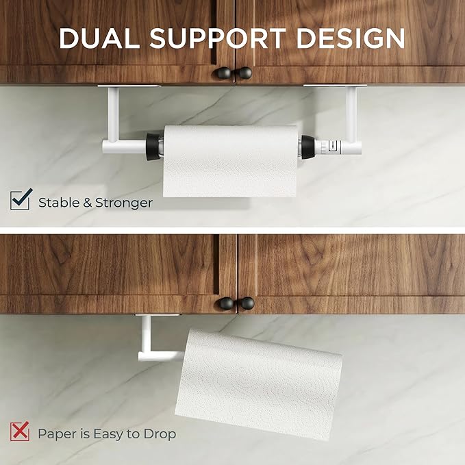 FORIOUS Paper Towel Holder Under Cabinet, Single Hand Operable with Adjustable Damping for Easy Tear, Adhesive or Drill Wall Mount, 304 Commercial Paper Towel Holder for Kitchen Bathroom, White - Image 8