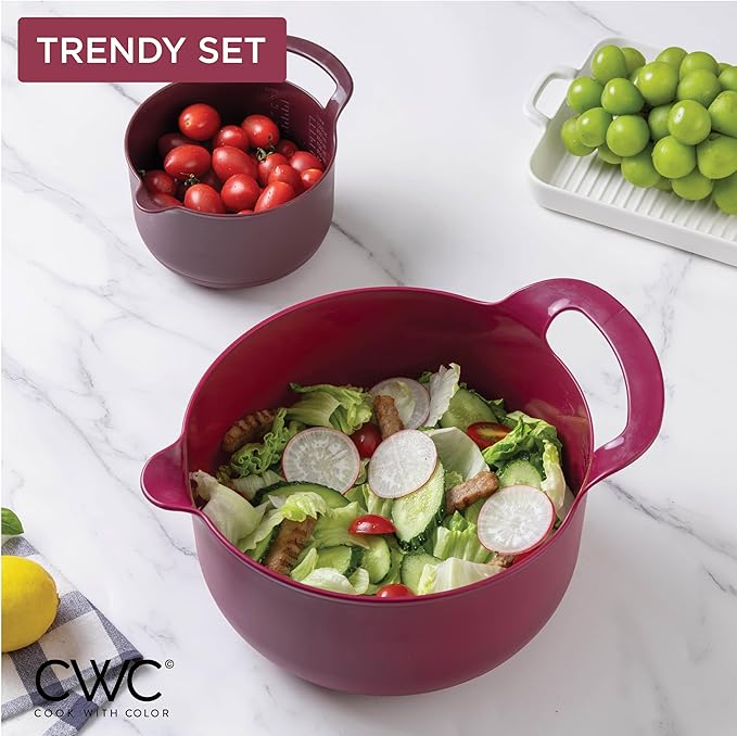 COOK WITH COLOR Nesting Plastic Mixing Bowl Set with Pour Spouts and Handles, Rose, 6 Piece Non-Slip - Image 5