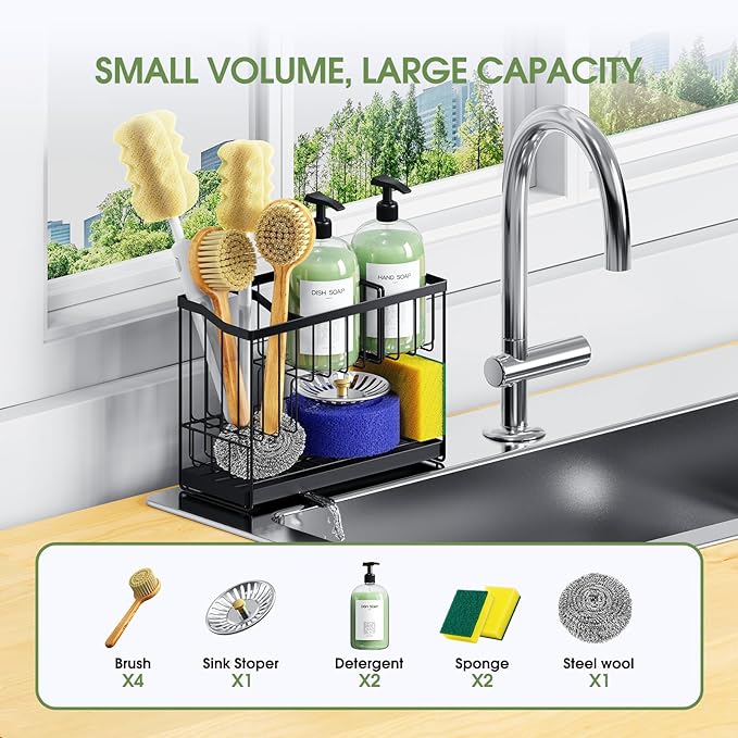 Kitchen Sink Caddy, 2-Tier Self-Draining Sponge & Dish Brush Holder, Rustproof 304 Stainless Steel Space-Saving Organizer with Drying Tray, Black - Image 6