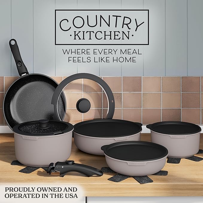 Country Kitchen Cookware Set with Removable Handle, Oven & RV Safe Pots and Pans Set, Grey/Black, Original - Image 2