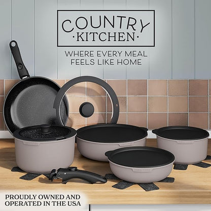 Country Kitchen Cookware Set with Removable Handle, Oven & RV Safe Pots and Pans Set, Grey/Black, Original - Image 2