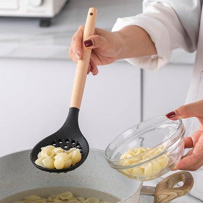 Country Kitchen Non Stick Silicone Utensil Set with Rounded Wood Handles for Cooking and Baking, 14 Piece Set, Black