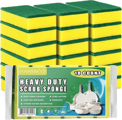 Heavy Duty Scrub Sponge for Cookware, Dual-Sided Cleaning Pot Scrubber, Odorless, Long-Lasting, Kitchen and Dishwashing Essential, Large & Thick 4 x 2.8 x 1.5 Inches, 18 Pack by GooHeraInc