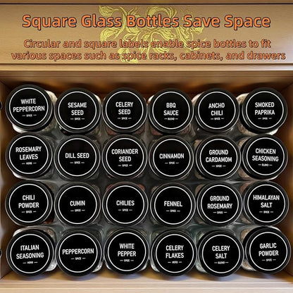 Spice Jars with Labels - 24 Glass Spice with Shaker Lids & Airtight Plastic Caps - 4oz Complete Seasoning Containers Organizer Set for Cabinet, Drawer & Rack (Black) - Image 3