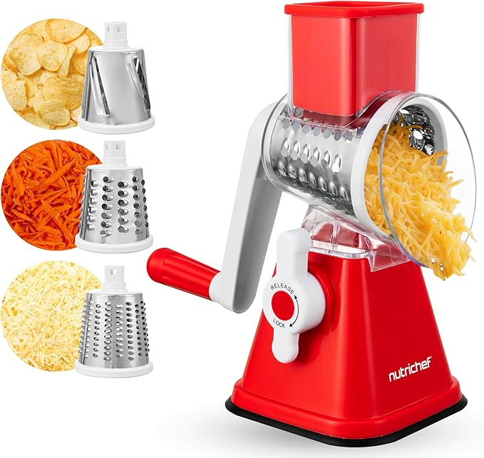 Nutrichef 3 in 1 Cheese Grater & Shredder | Strong Suction Base, Rotary Handle with Safety Lock | Includes Hand Crank & 3 Drum Blades for 3 Textures, Fine, Medium & Strips | Red by NutriChef%E2%84%A2Kitchen