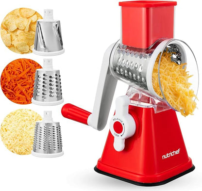 Nutrichef 3 in 1 Cheese Grater & Shredder | Strong Suction Base, Rotary Handle with Safety Lock | Includes Hand Crank & 3 Drum Blades for 3 Textures, Fine, Medium & Strips | Red by NutriChef%E2%84%A2Kitchen