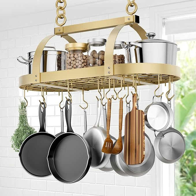 KES Gold 34 Inch Hanging Pot Rack, 100 LBS Capacity Heavy Duty Oval Pot and Pan Hanging Rack Ceiling Mount, Pot Pan Hangers Organizer for Kitchen Island with 20 Hooks (For 16" and 24" Joist) by KES